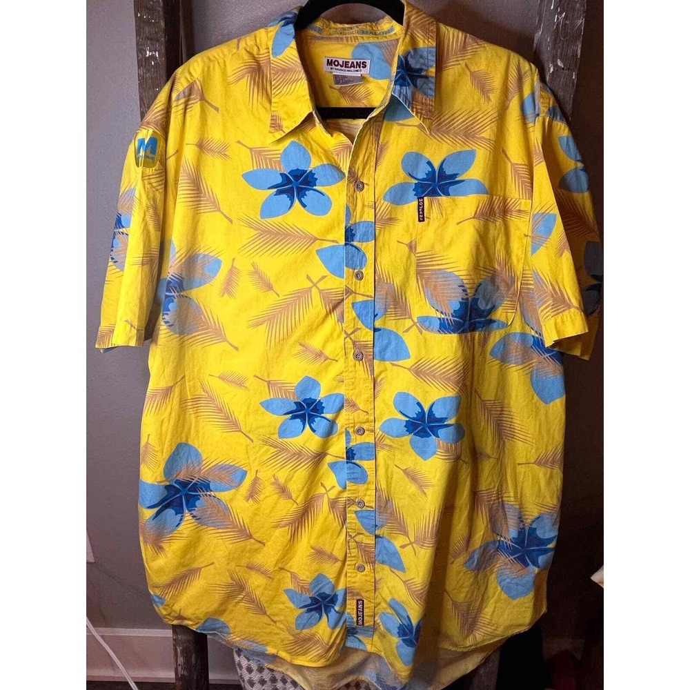 MOJEANS Yellow Blue Floral Tropical Palm Tree Print Button Up Shirt
